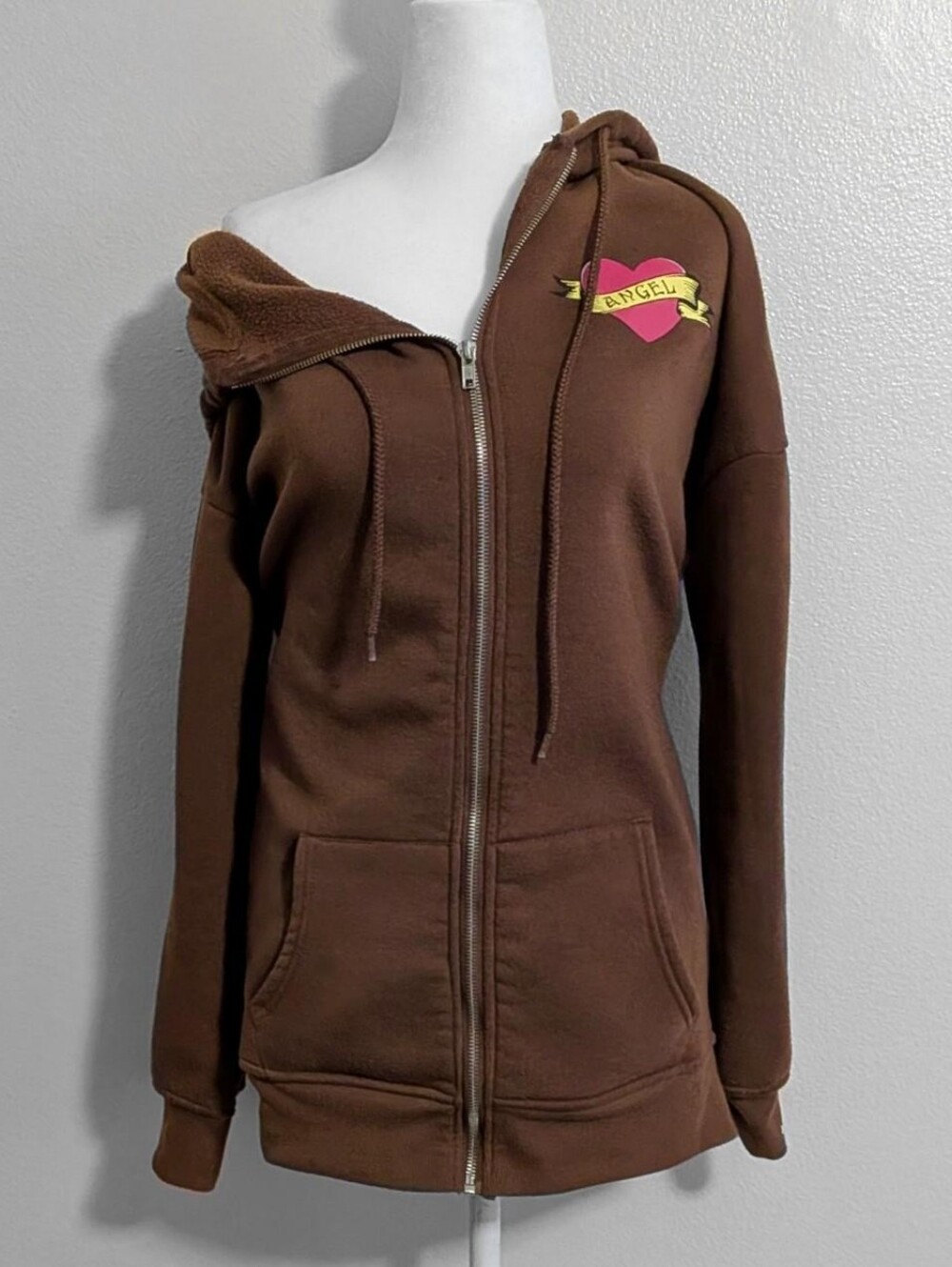 Faded Rose Brown Grunge Angel Tattoo Style Zip-Up Hoodie | Size XL